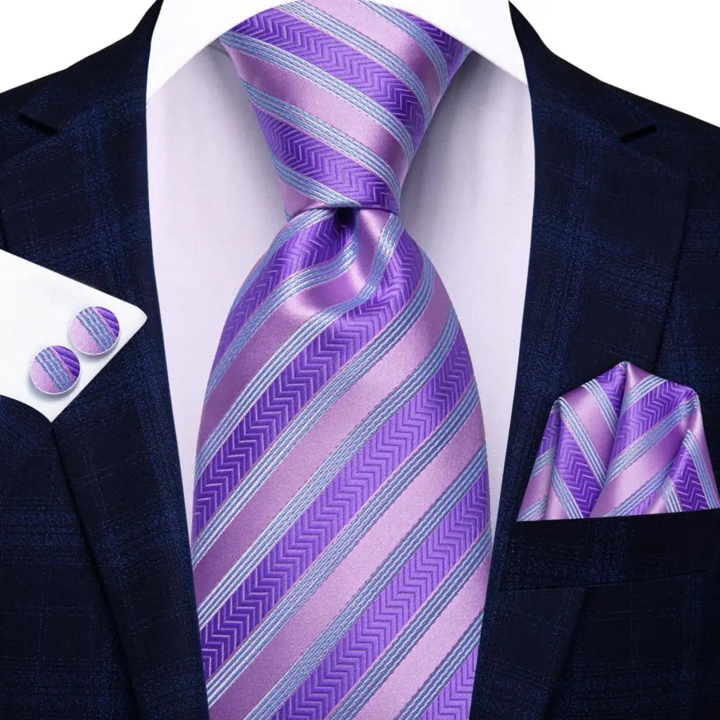 Hi-Tie Purple Silver Striped Silk Necktie – Men's Wedding Tie Silk Necktie Qme SN-3853