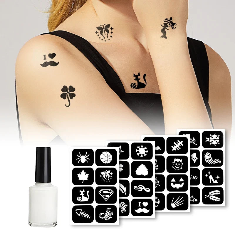Reusable Temporary Tattoo Kit – Body Glue, Stencils & Glitter Body Art Kit Qme