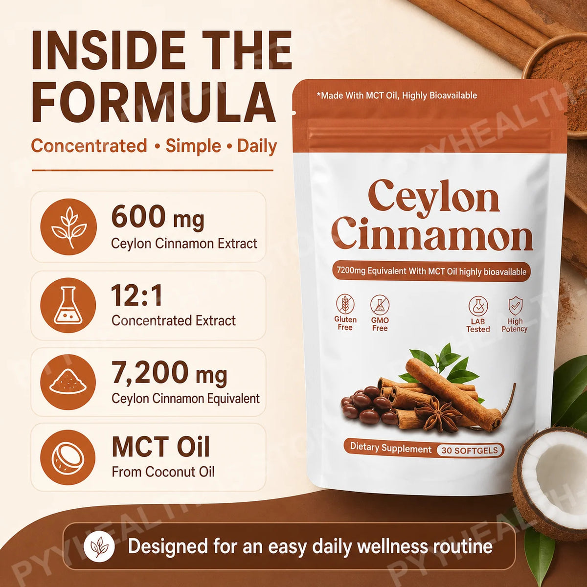 Ceylon Cinnamon Softgels 7200mg – 12:1 Extract + MCT Oil Herbal Supplement Qst