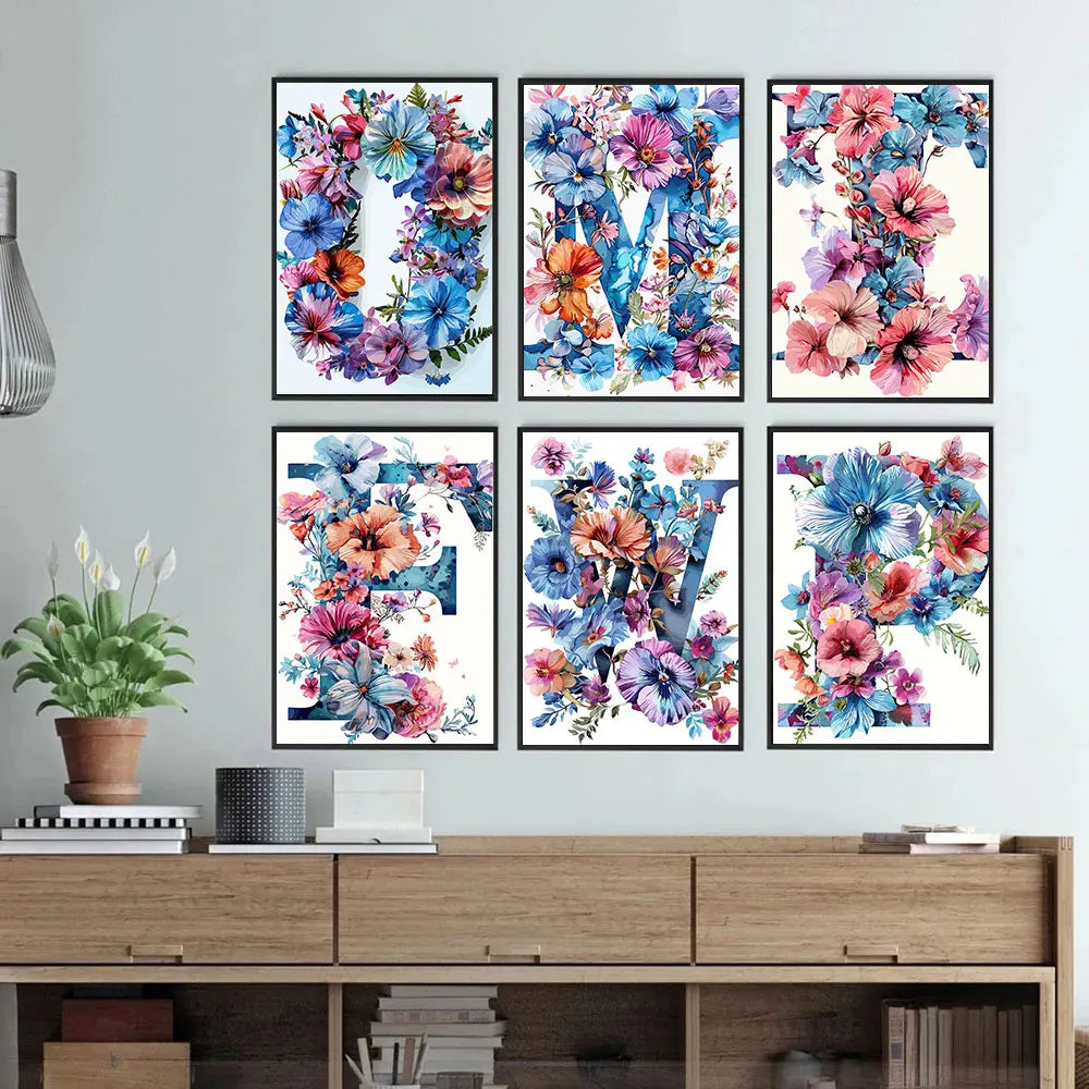 Flower Alphabet Wreath Canvas Wall Art – Modern Aesthetic Poster Canvas Wall Art Qst