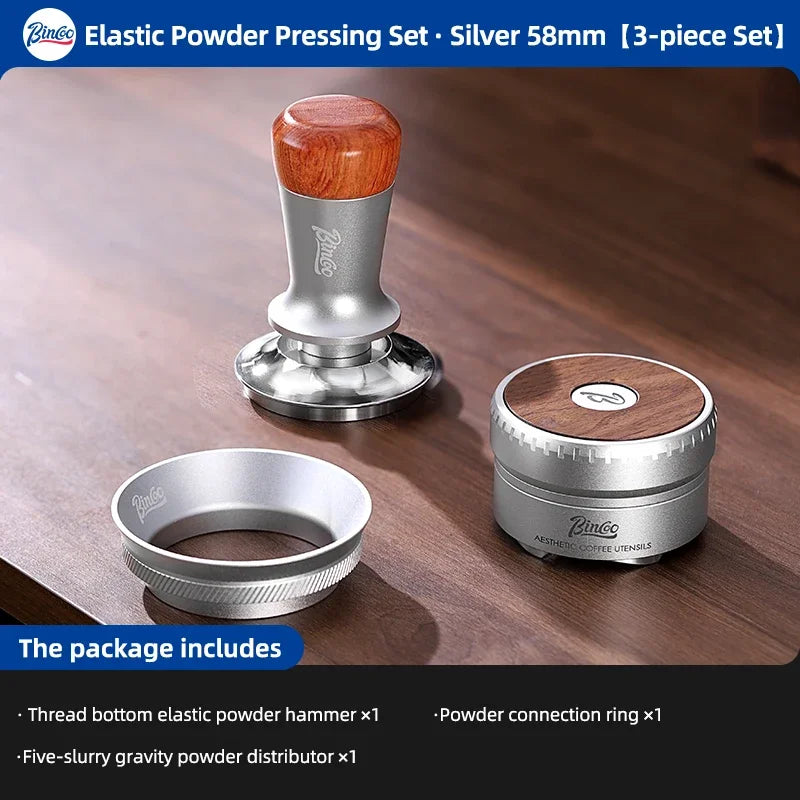 Bincoo 58mm Auto-Leveling Coffee Tamper – 5-Blade Wood Handle Espresso Tamper Qst Silver 3pcs A