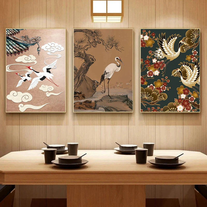 Retro Golden Crane Canvas Wall Art – Vintage Bird Poster Print Canvas Wall Art Qst