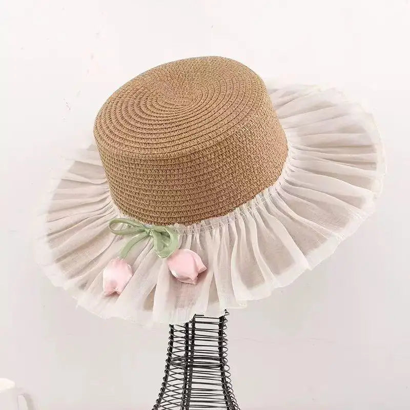 Women's Wide Brim Straw Sun Hat – French Lace Bow Beach Hat Wide Brim Sun Hat Qst B one size