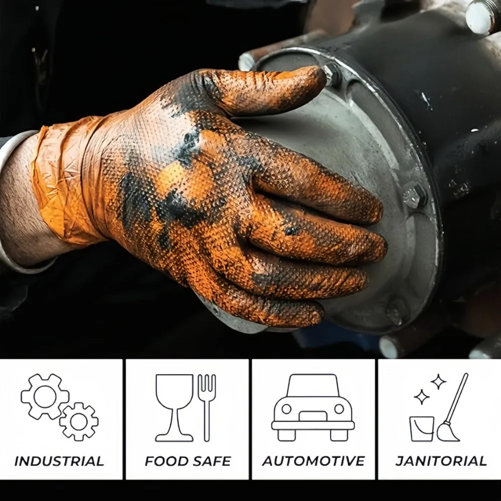 Heavy Duty Nitrile Work Gloves – Orange Diamond Grip, 5–50 Pack Nitrile Work Gloves Qme