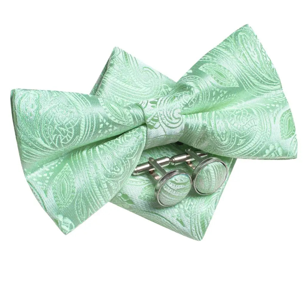Men's Sage Teal Green Bow Tie, Pocket Square & Cufflinks Set Bow Tie Set Qme