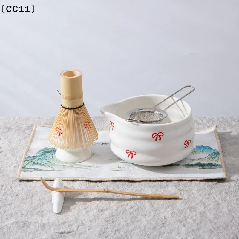 Japanese Matcha Whisk Set – Ceramic Bowl & Bamboo Tools Matcha Tea Set Qme