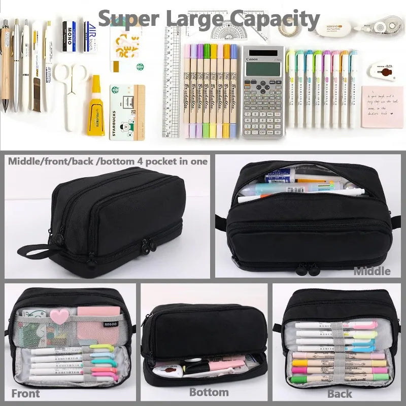 Large 4-Compartment Pencil Pouch Bag with Zipper & Handle Pencil Pouch Qme