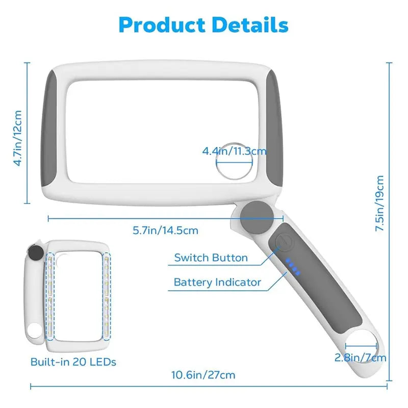 Foldable Rechargeable Magnifying Glass with LED Light 2x 8x 20x Handheld Magnifier Qme