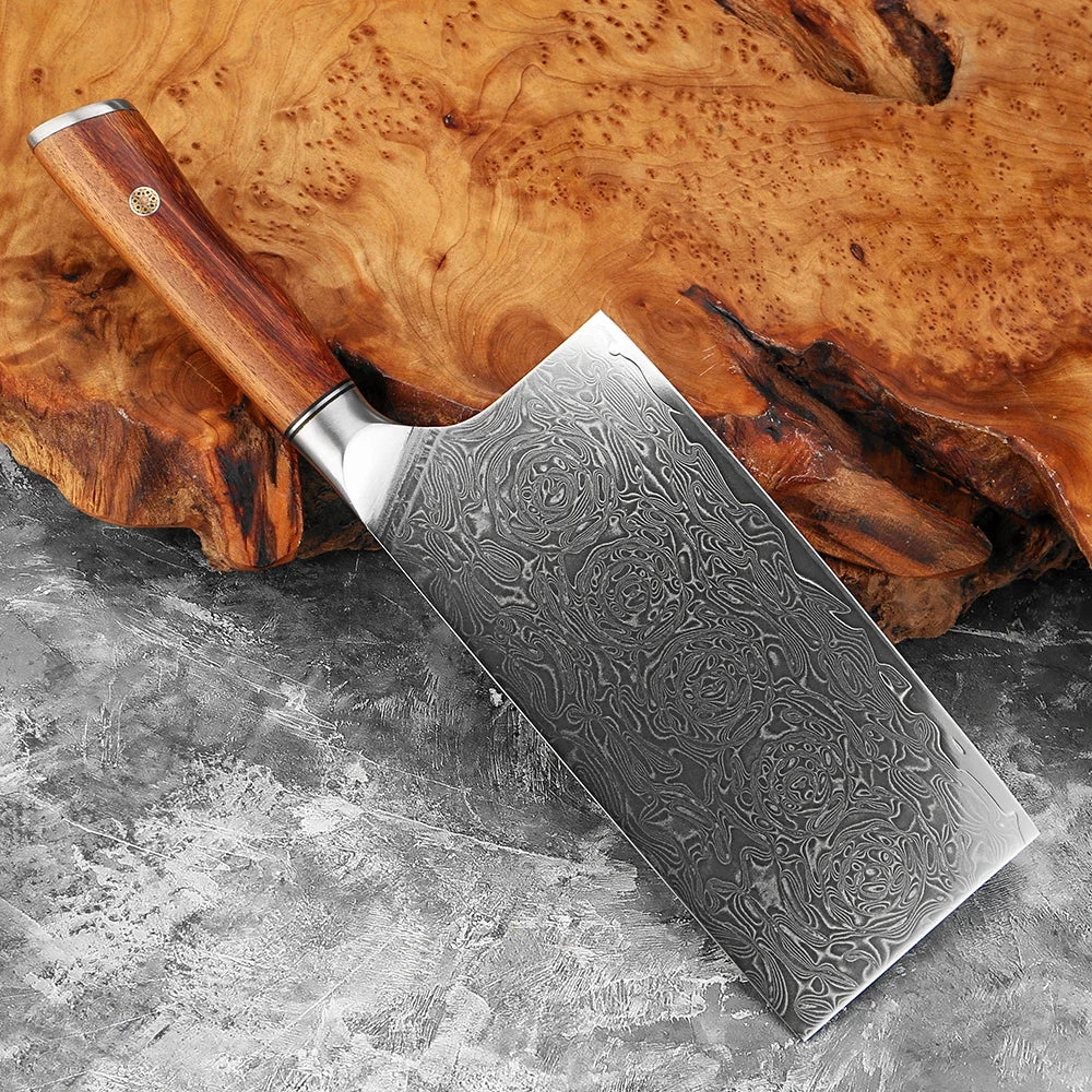 Xituo 7.5" Damascus Steel Cleaver Knife – Rosewood Handle Damascus Cleaver Knife Qst