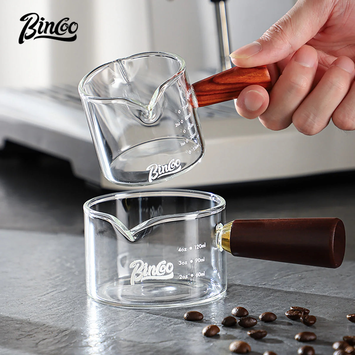 Bincoo Glass Espresso Measuring Cup with Wood Handle Espresso Measuring Cup Qst