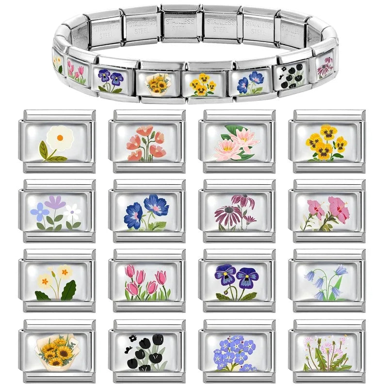 Colorful Flower Charm Italian Link Bracelet | Stainless Steel Charm Link Bracelet Qme