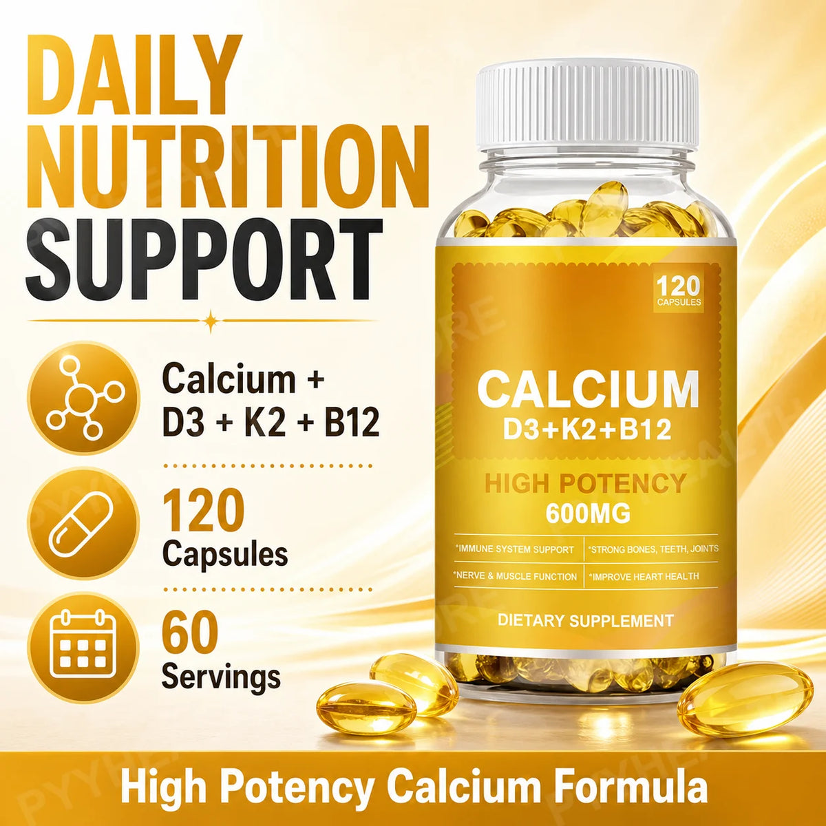 Calcium 600mg + D3 5000 IU + K2 + B12 Complex, 120 Softgels Vitamin Supplement Qst