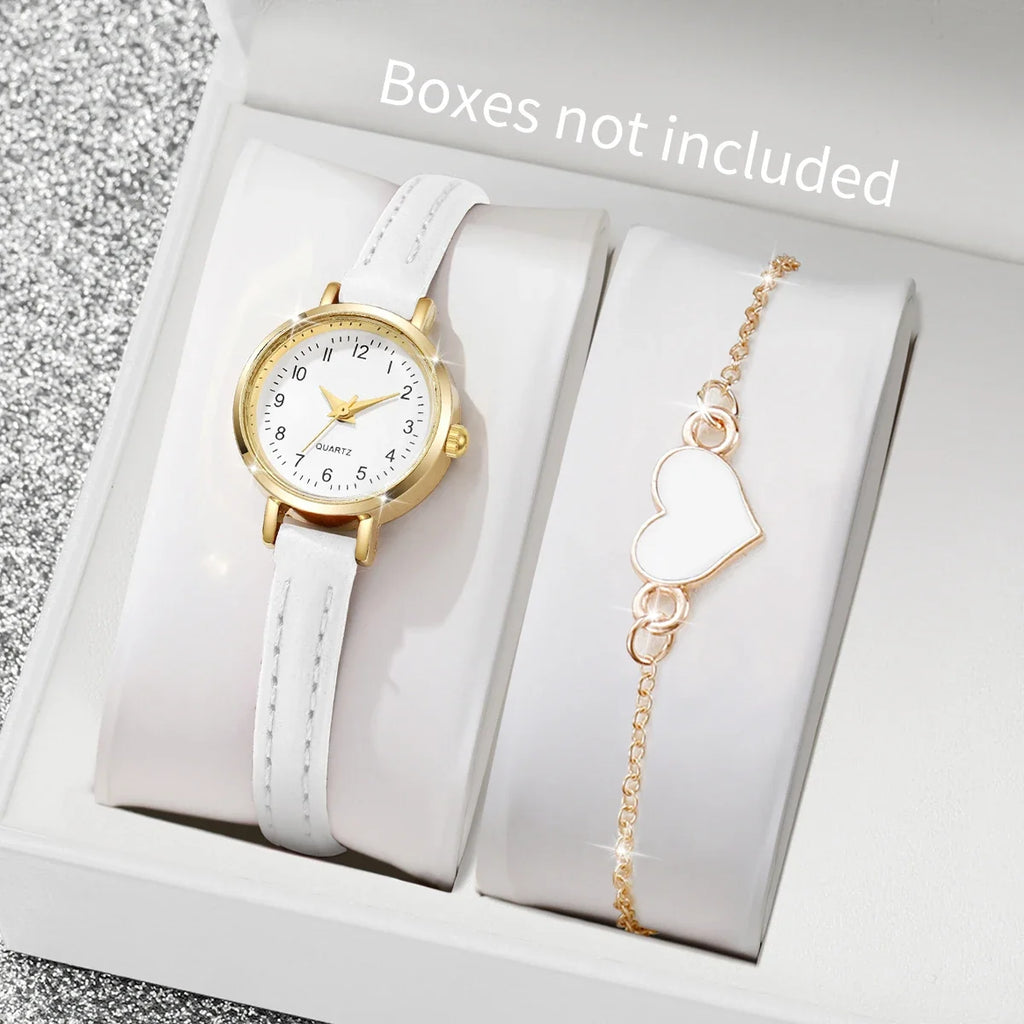 Women's Gold-Tone Quartz Watch & Heart Bracelet Set – White Dial Bracelet Watch Set Qme