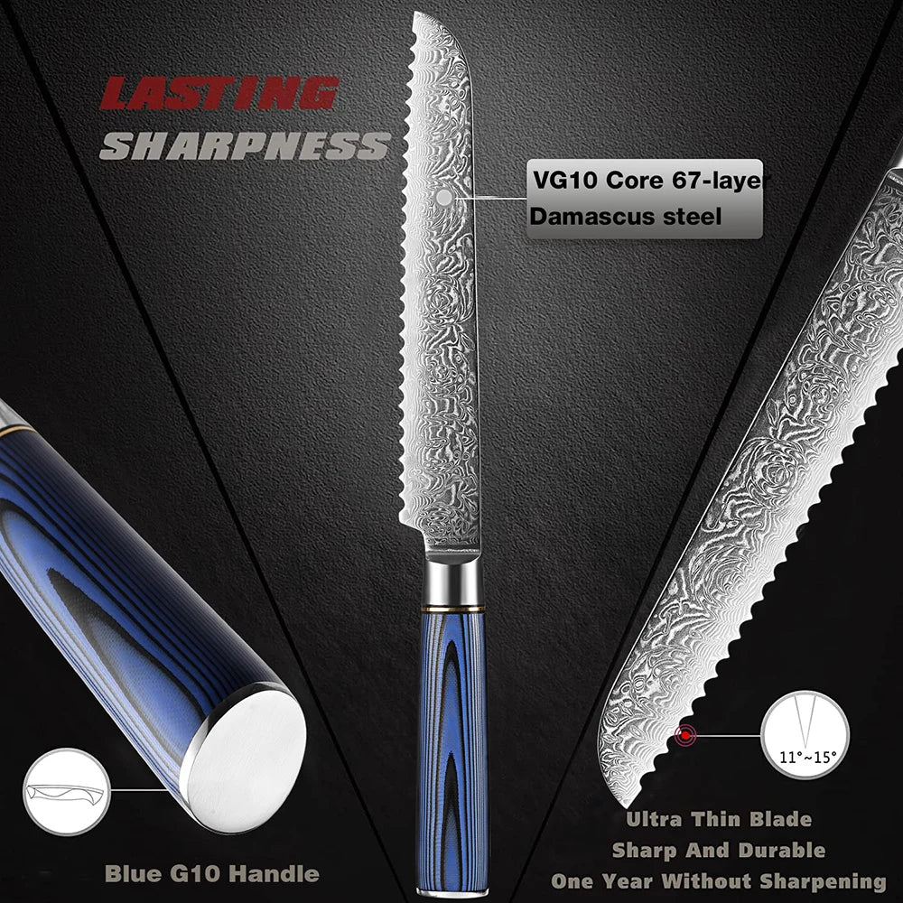 XITUO 8" Damascus Serrated Bread Knife – Sharp, Ergonomic Serrated Bread Knife Qst