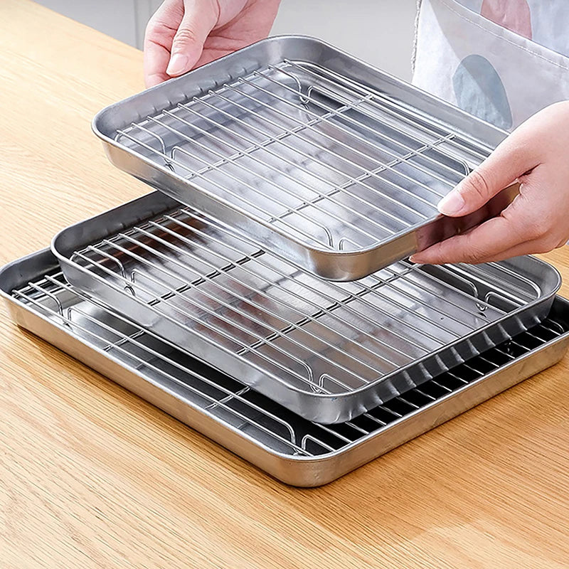 Stainless Steel Baking Pan with Removable Wire Rack – S/M/L Baking Pan Set Qst