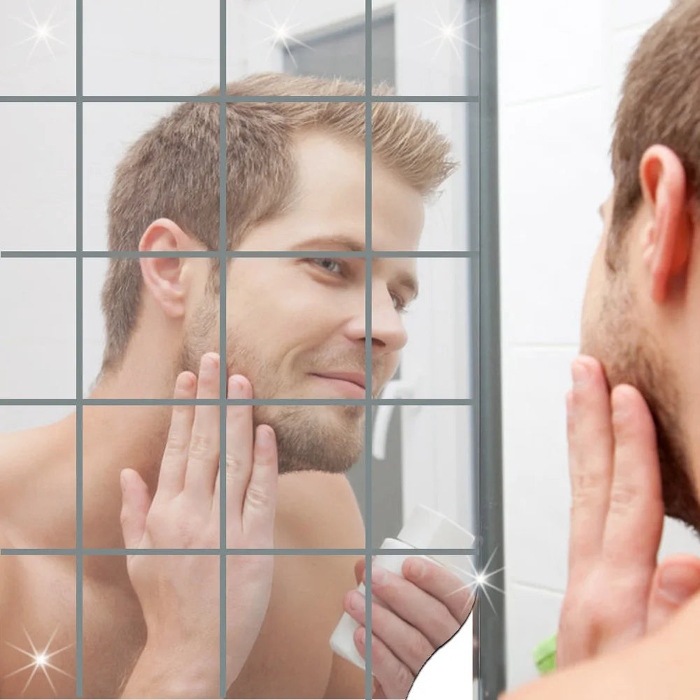 Silver Self-Adhesive Mirror Wall Tiles – 16Pcs Glass Stickers Mirror Wall Stickers Qme