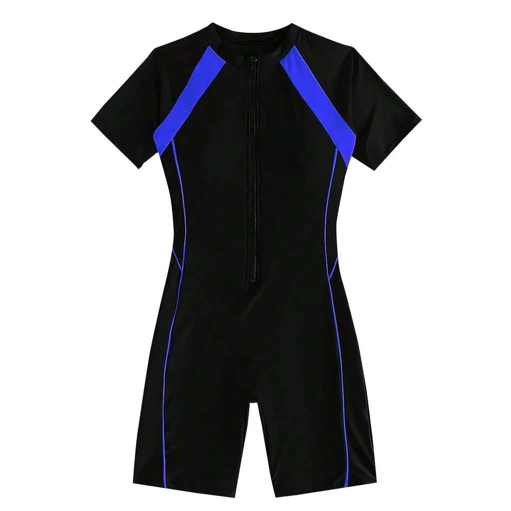 Women's One-Piece Patchwork Swimsuit | Short Sleeve Quick-Dry One-Piece Swimsuit Qme