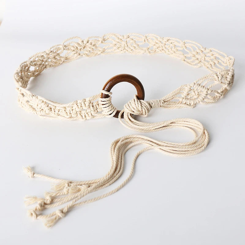 Woven Tassel Waist Belt – Boho Knotted Rope Dress Sash Woven Waist Belt Qst White