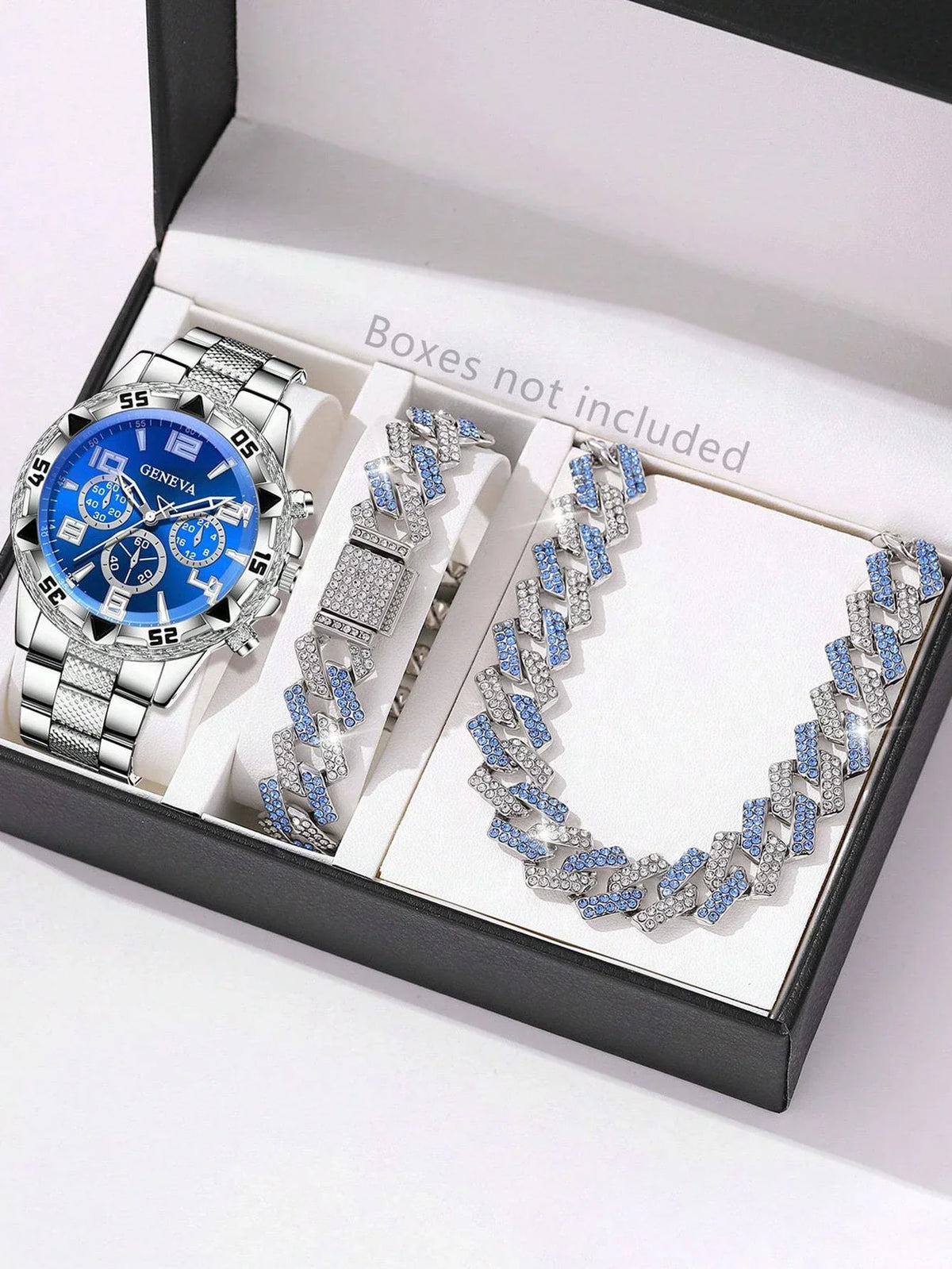 Men's Quartz Watch Diamond Cuban Bracelet & Necklace Set Watch & Jewelry Set Qme