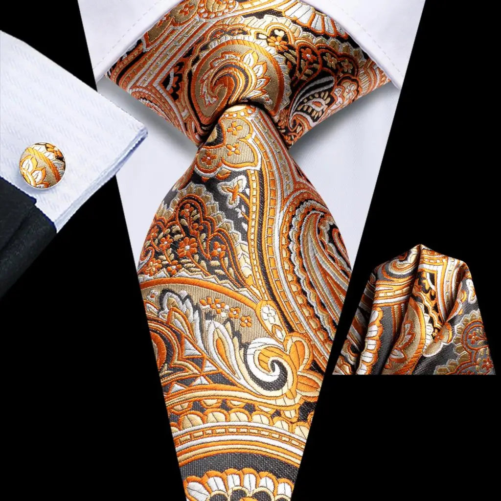 Hi-Tie Men's Orange Grey Paisley Silk Necktie Gift Set Necktie Gift Set Qme