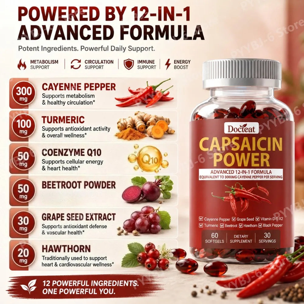 Capsaicin 12-in-1 Cayenne Pepper Supplement 60 Softgels Herbal Supplement Qst