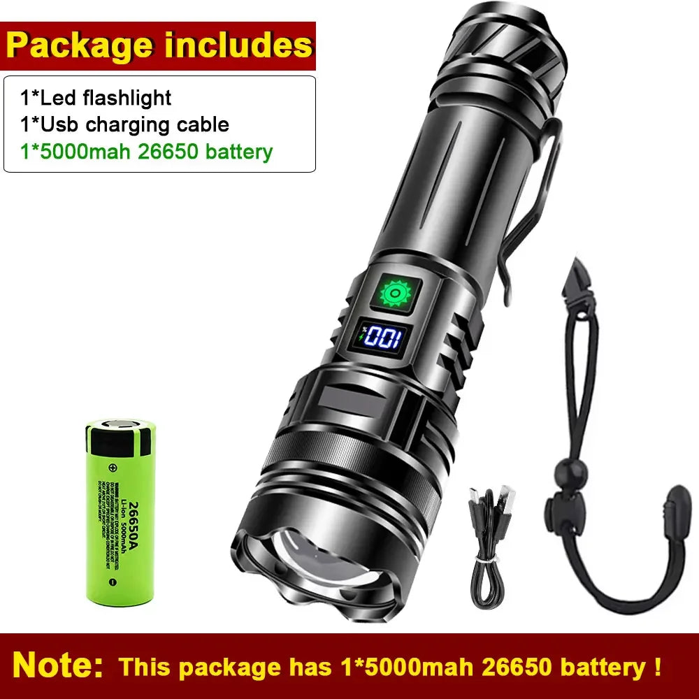 Super Bright Rechargeable LED Tactical Flashlight 500m Beam Tactical Flashlight Qst With 5000mah 26650 ZOOM
