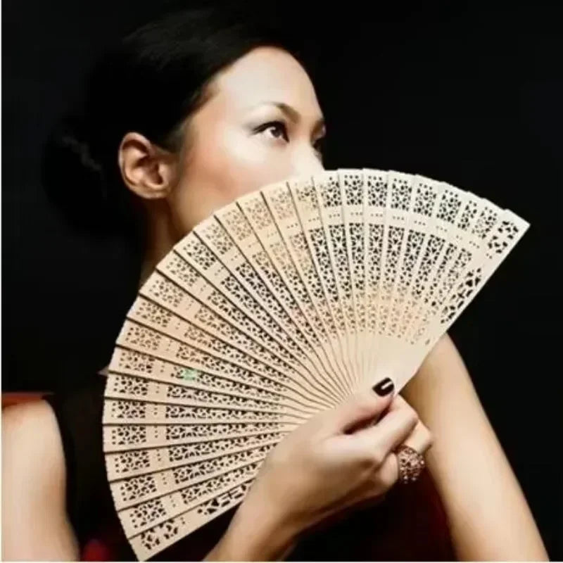 Sandalwood Scented Folding Hollow Wooden Hand Fan – 22 Ribs Decorative Hand Fan Qme