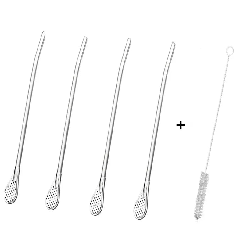 Reusable Stainless Steel Straw Spoon & Tea Filter – 3-in-1 Reusable Drinking Straw Qme 4PCS