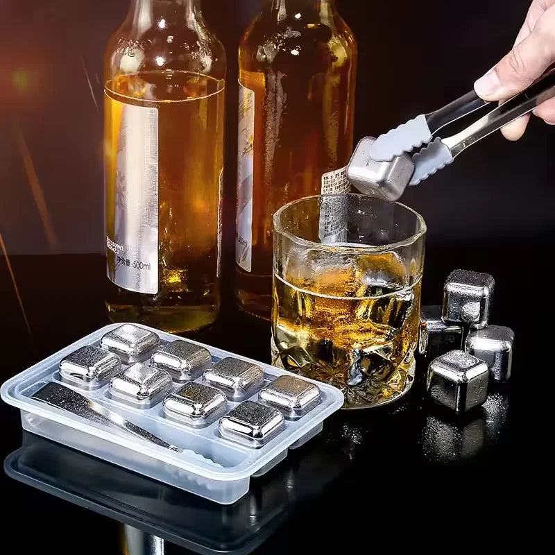 Reusable Stainless Steel Ice Cubes Set – 8/12 Pcs Whiskey Stones Bar Chilling Stones Qst