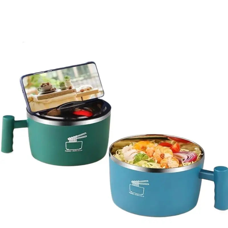 1000ml Stainless Steel Ramen Bowl with Lid & Phone Stand Insulated Soup Bowl Qst