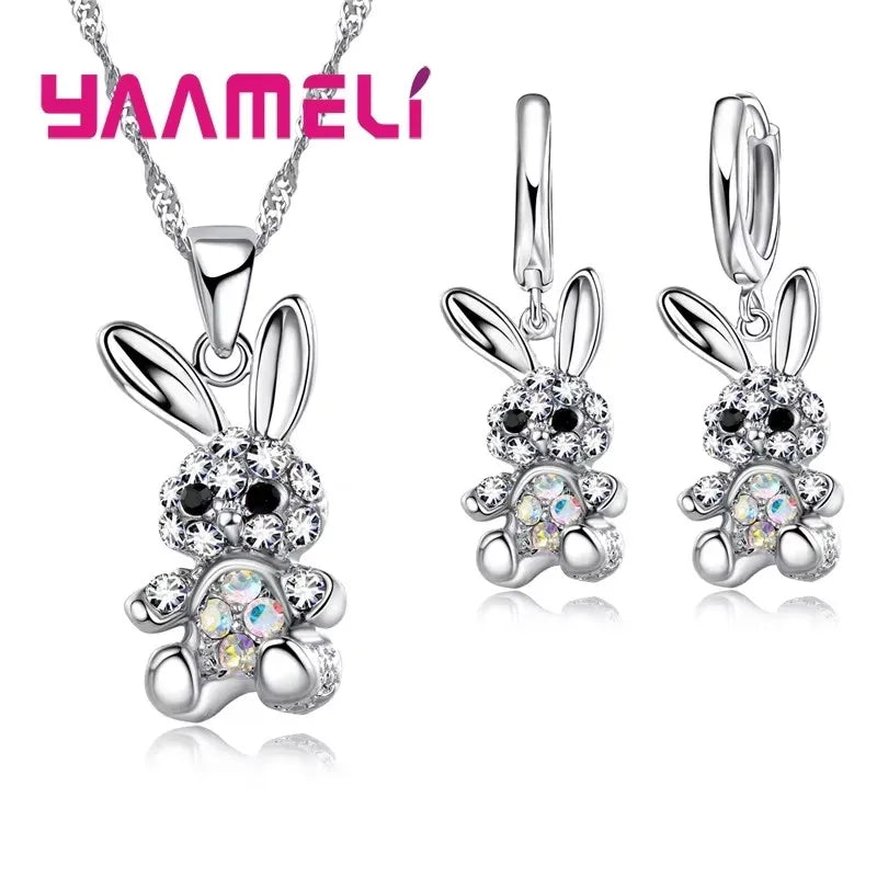 Cute Rabbit 925 Sterling Silver CZ Necklace & Earrings Set Sterling Silver Jewelry Set Qme WHITE
