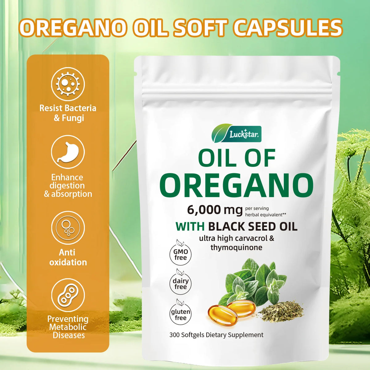 Oil of Oregano 300 Softgels 6000mg + Black Seed Oil Supplement Herbal Supplement Softgels Qst