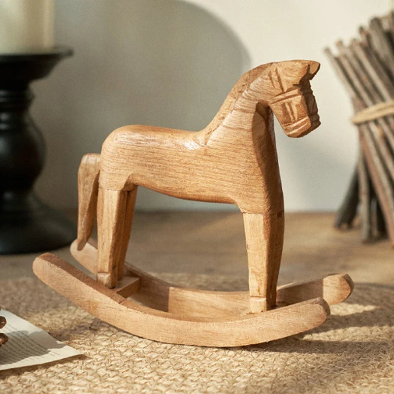 Wooden Rocking Horse Statue – Hand-Carved Figurine Decor Wood Figurine Decor Qme