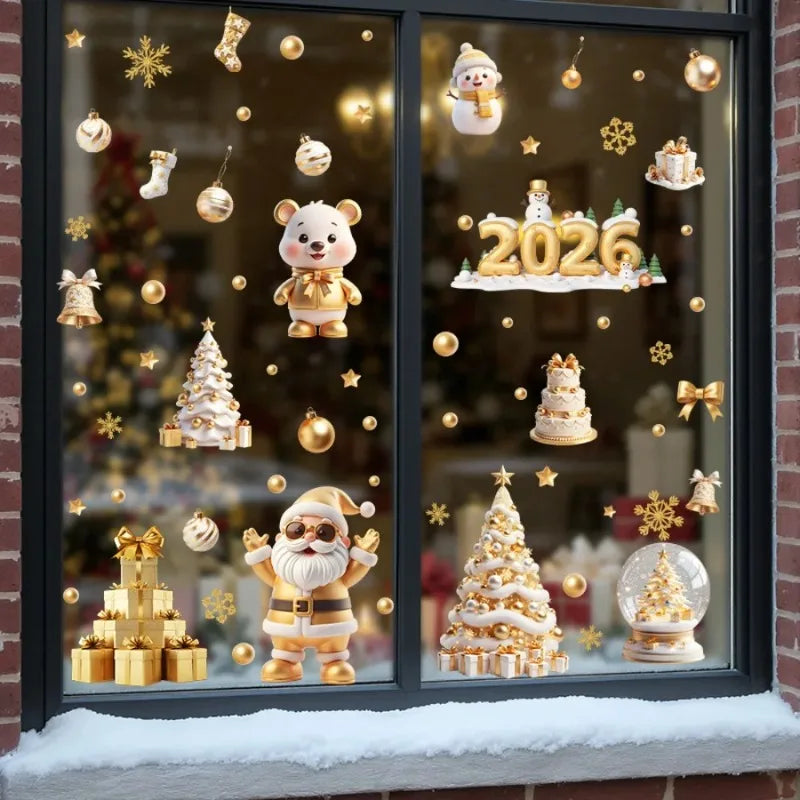 Golden Santa Snowman Reusable Static Cling Window Decals Christmas Window Clings Qme