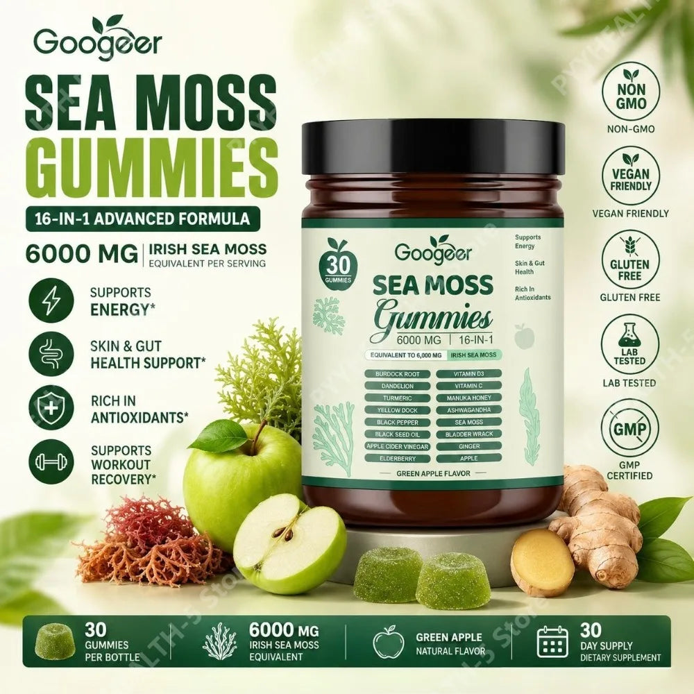 Googeer Sea Moss Gummies 16-in-1 6000mg Irish Sea Moss Vit C D3 Sea Moss Gummies Qst