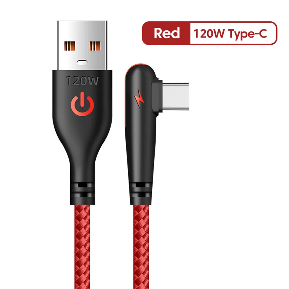 USB-C 120W Fast Charging Cable 6A PD 90° Elbow Braided Nylon USB-C Charging Cable Qme Red 2m
