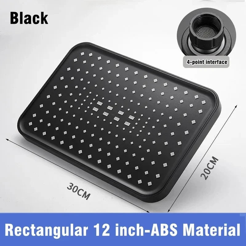 12" High-Pressure Rain Shower Head | Large Flow, 360° Swivel Rain Shower Head Qme Rectangular Black