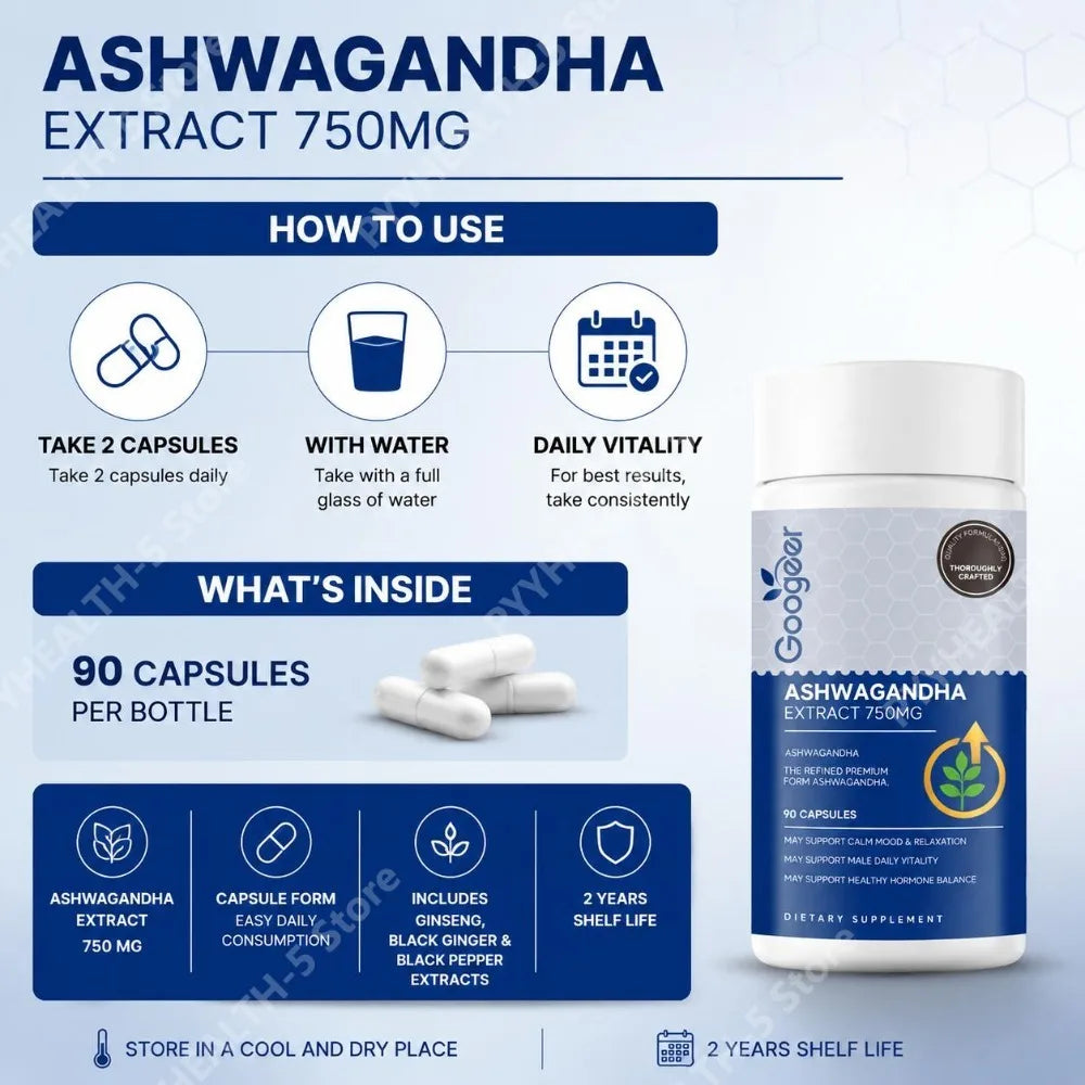 Ashwagandha Capsules with Ginseng & Black Pepper – 90ct Herbal Supplement Capsules Qst
