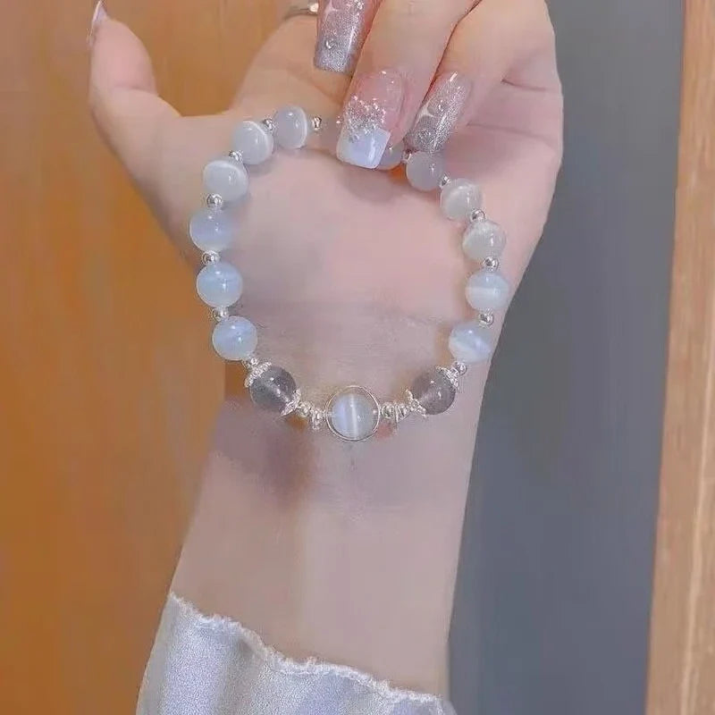 Blue Moonstone Cat Eye Crystal Bead Bracelet – Dreamy Pendant Crystal Bead Bracelet Qme Gray moonlight