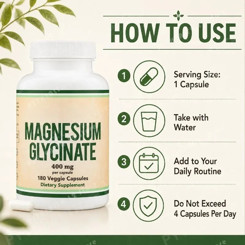 Magnesium Glycinate 400mg Vegan Capsules – 180 Count Mineral Supplement Qst