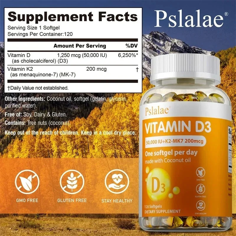 Pslalae Vitamin D3+K2 Softgels – Bone & Heart Support Vitamin Supplement Qst