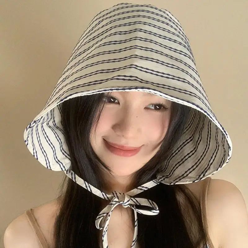Women's Wide-Brim Foldable Striped Bucket Hat – Drawstring Women's Bucket Hat Qst Black one size