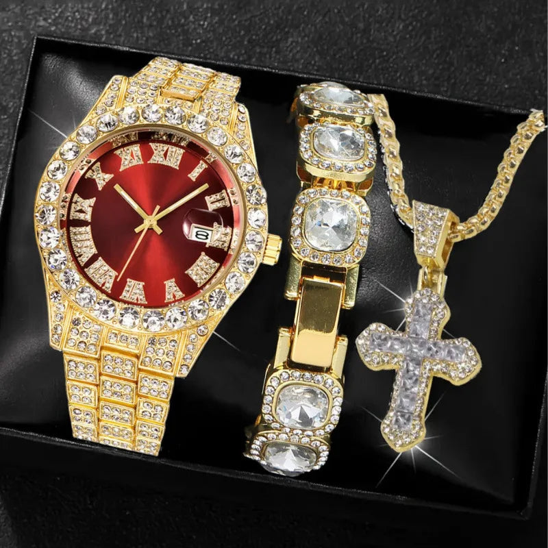 Hip-Hop Diamond Studded Quartz Watch & Bracelet Set – 18 Styles Watch & Bracelet Set Qme