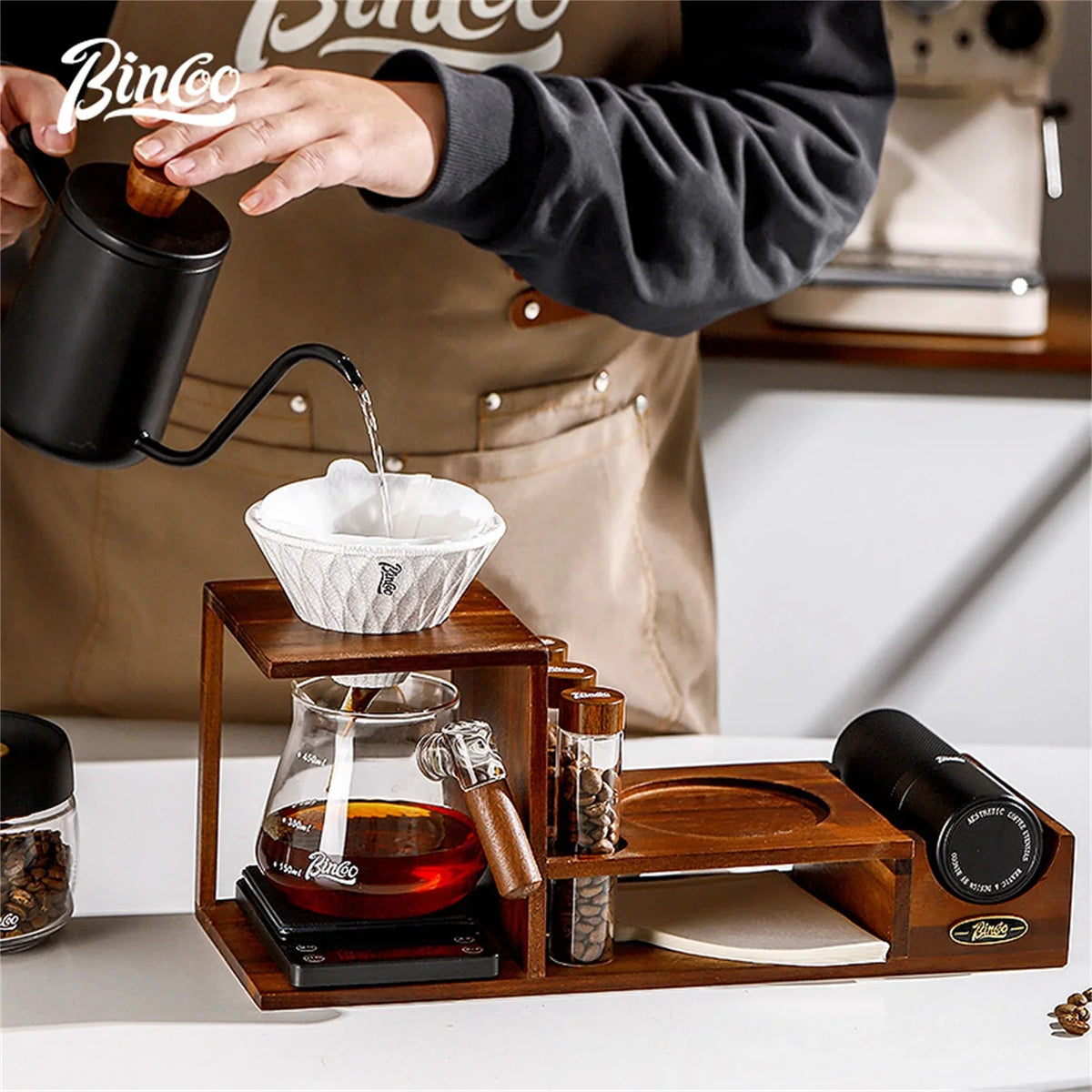 Bincoo Coffee Hand Grinder Storage Rack – 4-Piece Wood Set Coffee Organizer Rack Qst