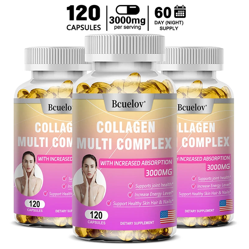 Multi Collagen Peptides Capsules with Biotin, Vitamin C & Glutathione Collagen Supplement Qst 120 count-3 bottle