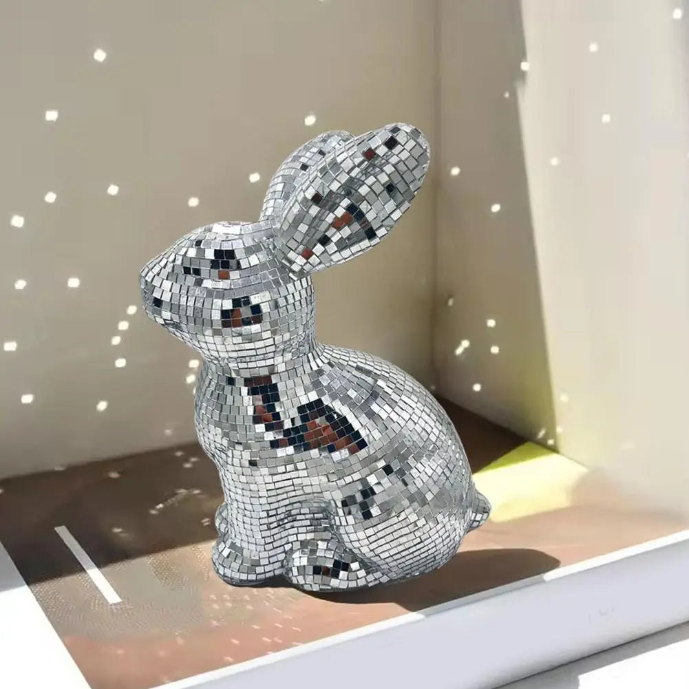 Mirror Disco Ball Bunny Figurine | Easter Rabbit Desk Ornament Decorative Figurine Qme