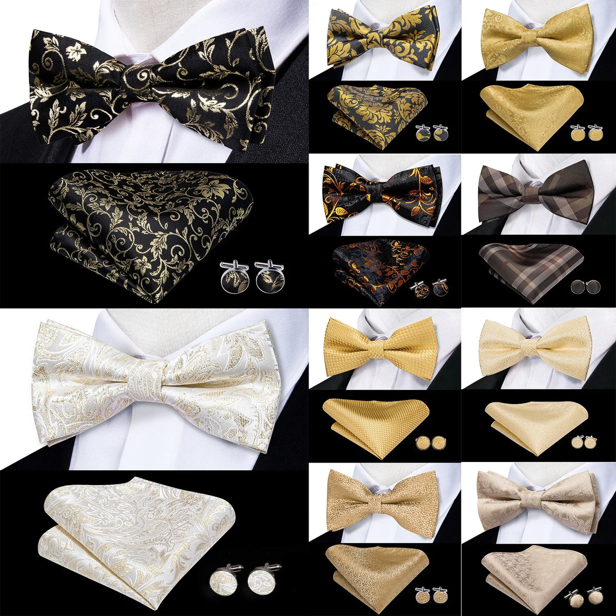 Men's Jacquard Floral Bow Tie, Pocket Square & Cufflinks Set Bow Tie Set Qme