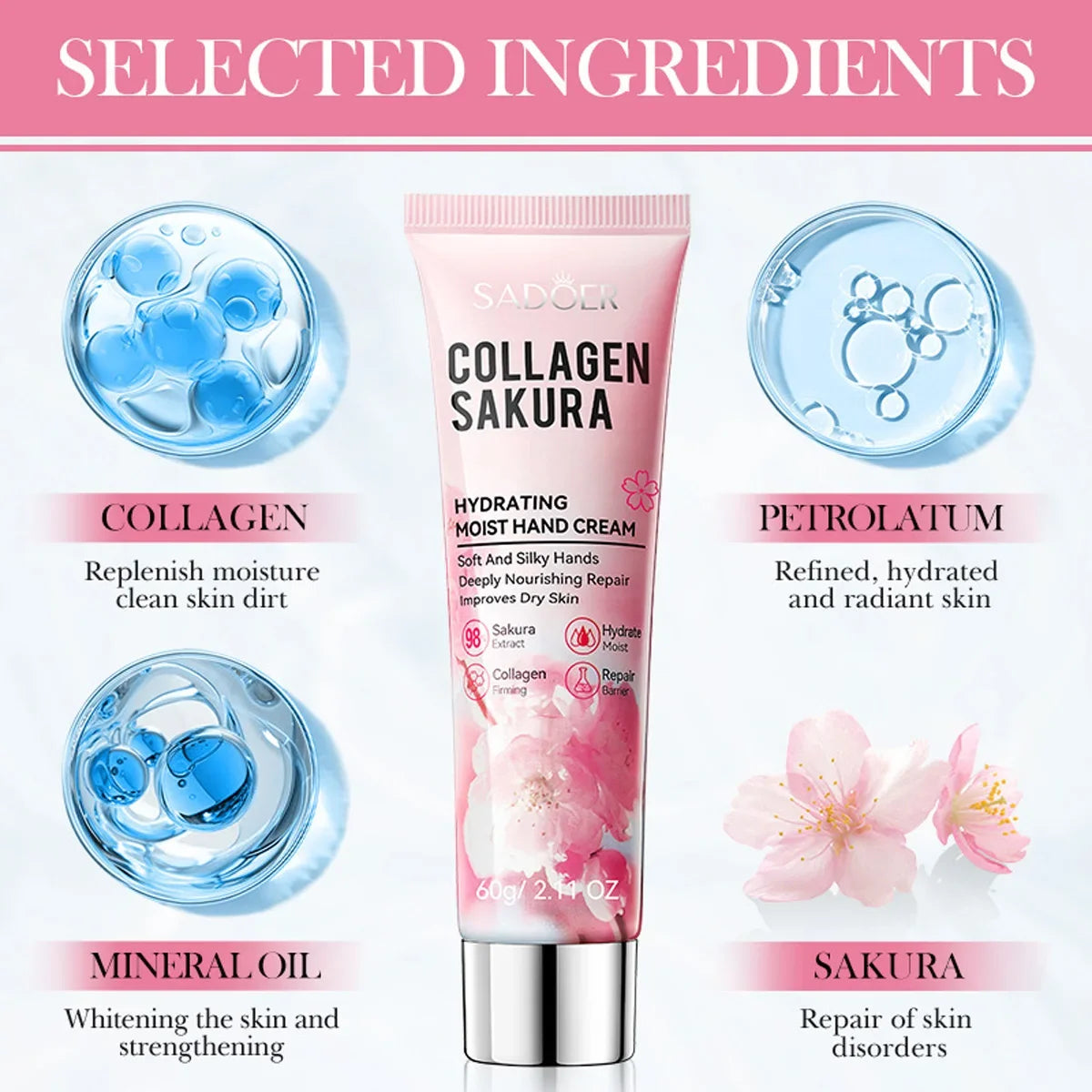 Collagen Cherry Blossom Hand Cream – Deep Moisturizing, Smooth Skin Moisturizing Hand Cream Qme