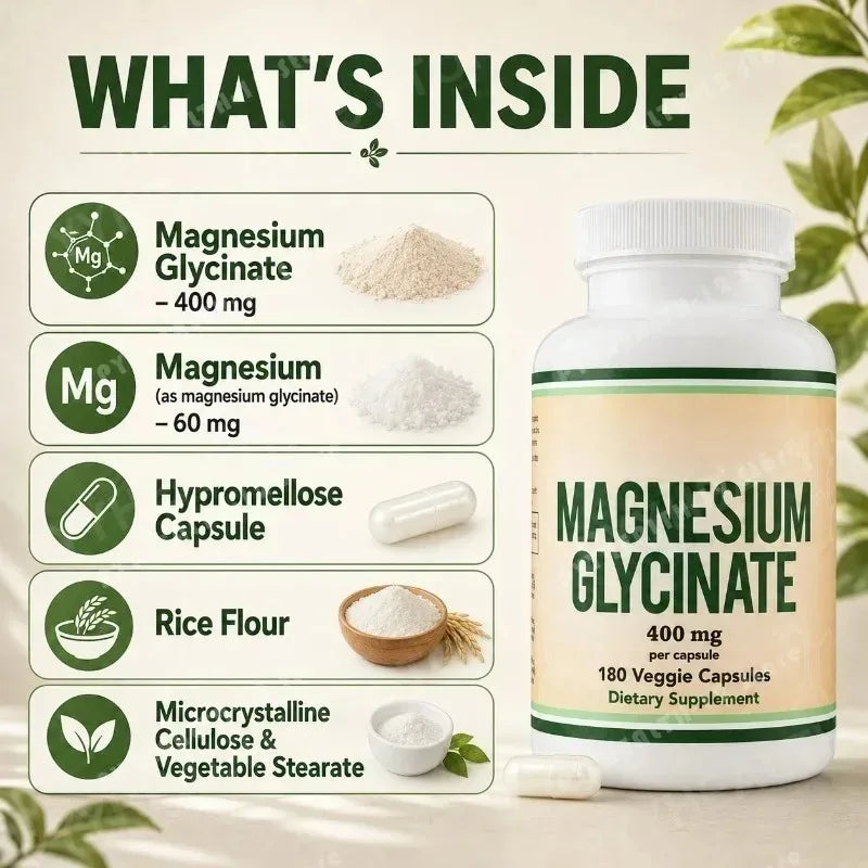 Magnesium Glycinate 400mg Capsules – Vegan, 180 Count Mineral Supplement Qst