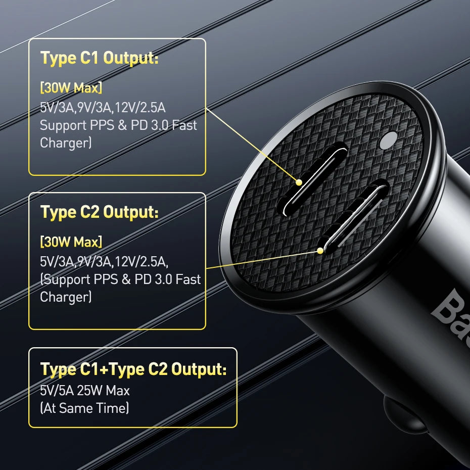 Baseus 30W Dual USB-C Car Charger – PD 3.0 Fast Charging USB-C Car Charger Qst Universal